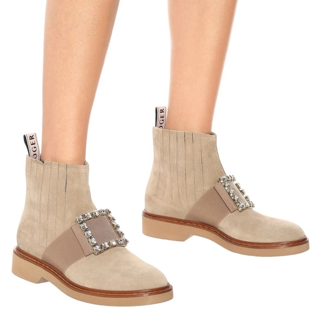Roger Vivier Beige Ankle Boots with Crystal Embellishment